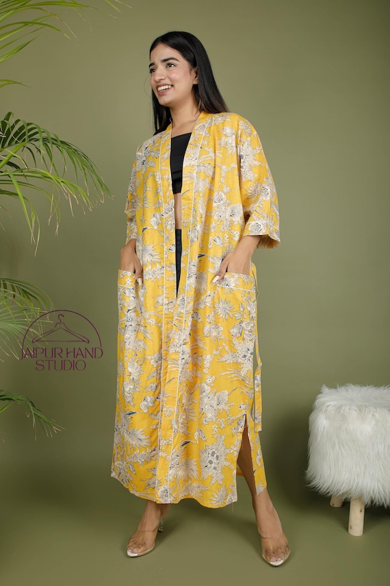 Yellow color cotton bath robes | Women resort wear robes | Wedding wear kimono robe | Handmade cotton robe | Bridesmaid robes | Gift for her
