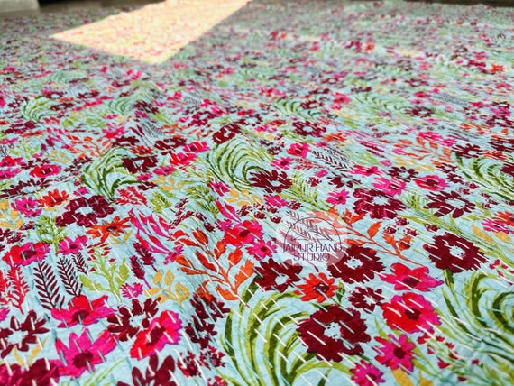 Cotton stitching kantha bedsheet | Floral block print bedspread | Queen size kantha throws | king size kantha throws | Gift for Christmas.