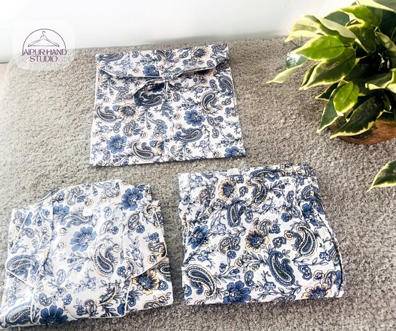 Cotton Hand Printed| Indian Block-print Pure Cotton| Floral print long Pj Set| Long Sleeve Top | summer wearing Pj suit with one cotton bag.