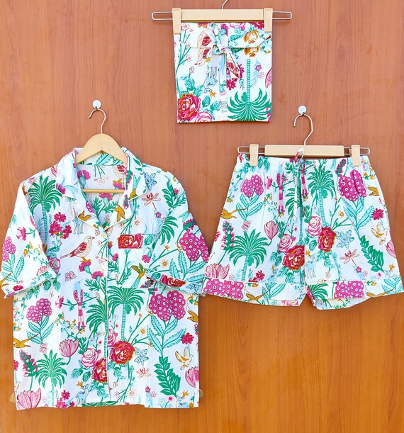 floral Print short Pajamas, Animal Print Pure Cotton Pj’s, Pajamas Set ,Indian Cotton,Night Wear, Soft Cotton Night Suit- Gift for her