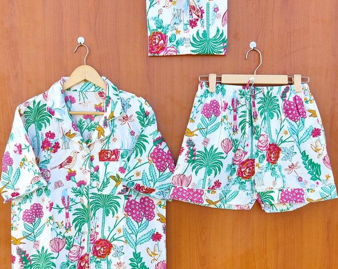 floral Print short Pajamas, Animal Print Pure Cotton Pj’s, Pajamas Set ,Indian Cotton,Night Wear, Soft Cotton Night Suit- Gift for her
