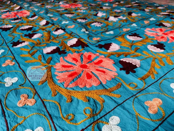 Uzbekistan Cotton Suzani Throw | Suzani soft Blanket| Hand Embroidery Bedsheet | Suzani Tapestry | Suzani Wall Hanging throws | Gift for her