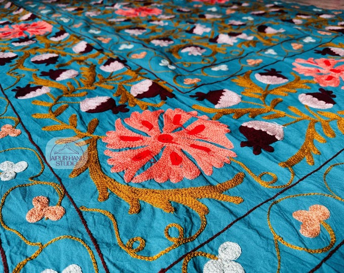 Uzbekistan Cotton Suzani Throw | Suzani soft Blanket| Hand Embroidery Bedsheet | Suzani Tapestry | Suzani Wall Hanging throws | Gift for her