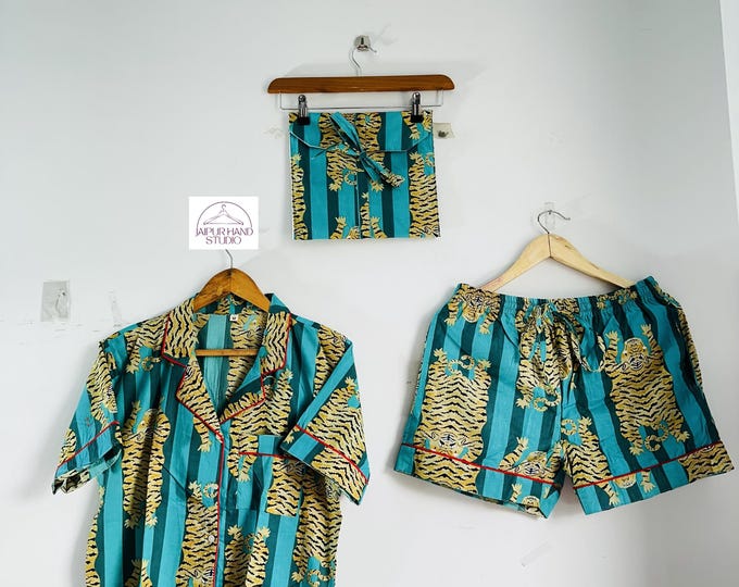 Rama green color pure cotton pajama set | Tiger block print short PJ set | Women comfort sleepwear | Bridesmaid pajama set | Gift for her.