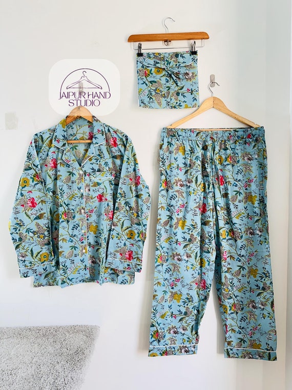 Blue color fabric made pajamas | floral block printed | Handmade stitches Pj suit | bridesmaid pajamas | women night suit | Gift for her.