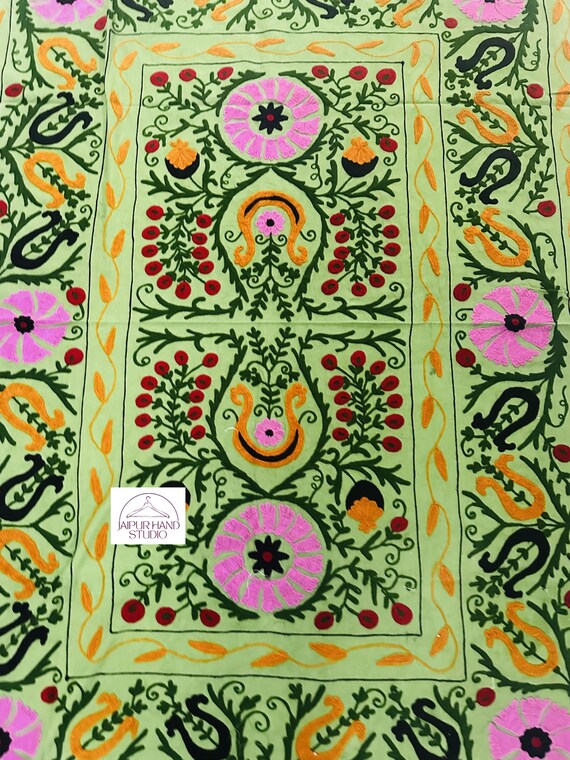 Beautiful green base cotton suzani wall hanging throws | Handmade suzani bedspread | Uzbek king size tapestry | Gift for Christmas.