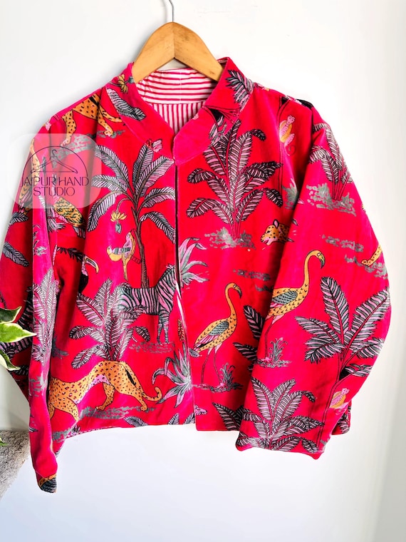 Jungle print velvet cotton fabric made | luxury coat | women's jackets | V-neck jacket | winter coat | outdoor jacket | women's party wear.