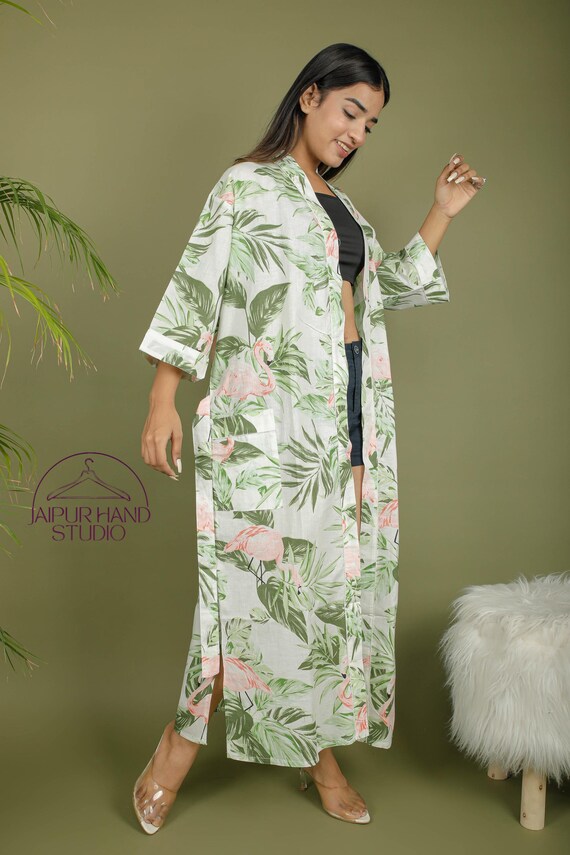 Beautiful leaves print cotton kimono robe | women wear bath robe | Party wear gown | Pregnant lady dress | Bridesmaid robe | Gift for her.