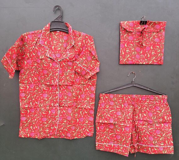 Indian cotton fabric made short Pj suits | women's wear suit | color is so pretty | floral print short pjs | summer wear pjs suit with bag