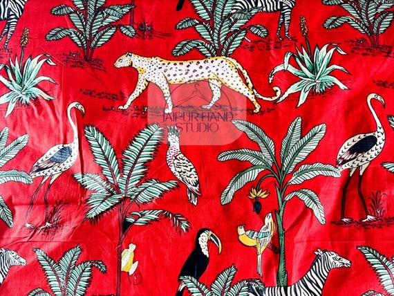 New red Jungle Print Soft Cotton Fabric, India Handmade Fabric by the Yard, Sewing & Quilting Fabric, Dressmaking Fabric, Women's Clothing
