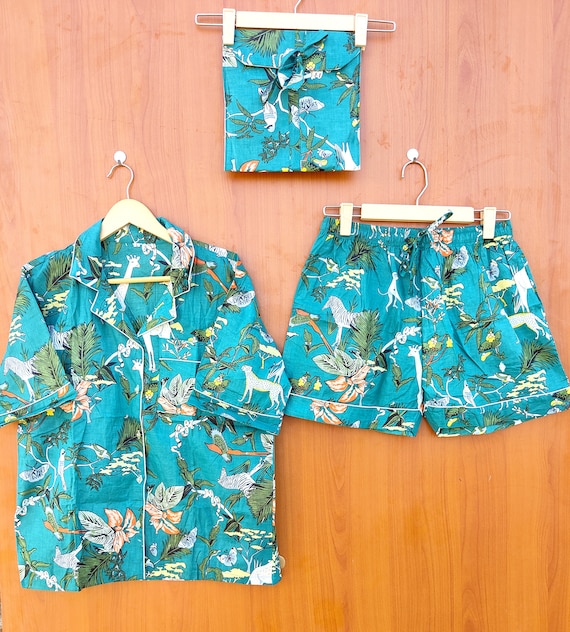 Jungle l Print short Night Dress, Jungle Print Pure Cotton Pj’s, Pajamas Set ,Indian Cotton,Night Wear, Soft Cotton Night Suit- Gift For Her