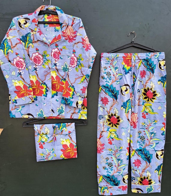 Floral Night Suit, Indian Cotton Pyjama Set, Nightwear, Pure Cotton Fabric, Light Ultra-Soft Night Dress, Women Cotton Pants Shirt Set