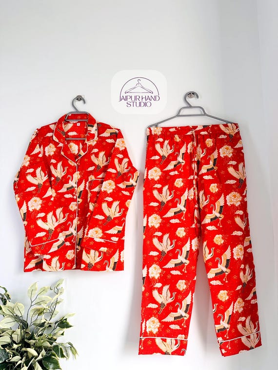 Peacock Bird Garden Hand Printed Indian Blockprint Pure Cotton Floral Pyjama Set | Spring Beige Desire Pomegranate Art