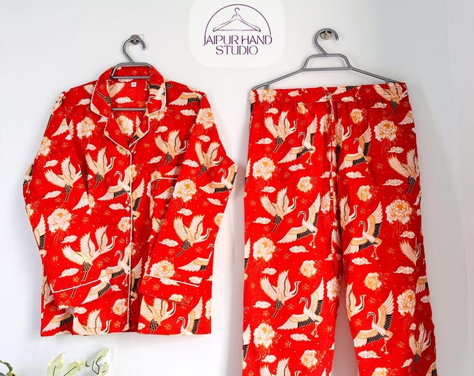 Peacock Bird Garden Hand Printed Indian Blockprint Pure Cotton Floral Pyjama Set | Spring Beige Desire Pomegranate Art