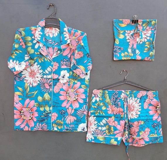 Blue color short sleeve Pj set| floral block print Pj | women's wear suit | Womens Night wear suit | beach wear short Pj set | Gift for her