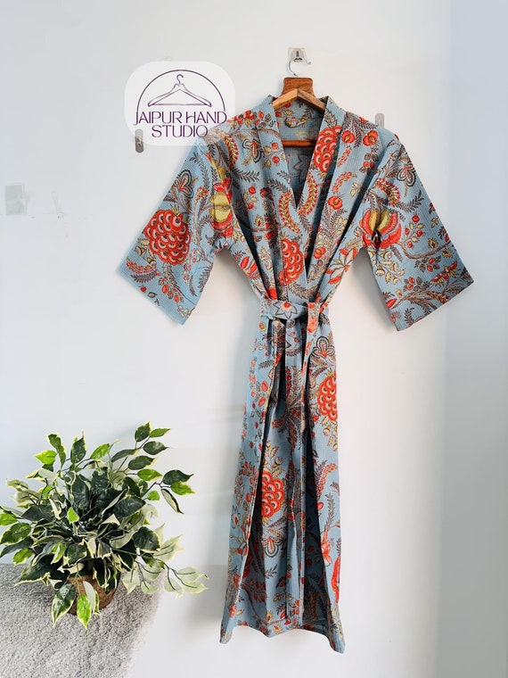 Indian handmade waffle cotton kimono | Handmade bath robe | unisex spa kimono robe | printed robe | summer wear robe | Gift for Christmas.