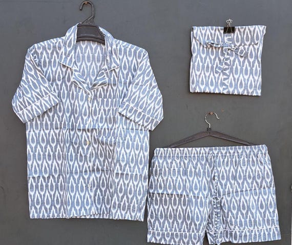 Short pajama · Pure cotton block print handmade and handprinted in India · Night shirt 100% cotton short pant sleeves· Boho bed Pj ·