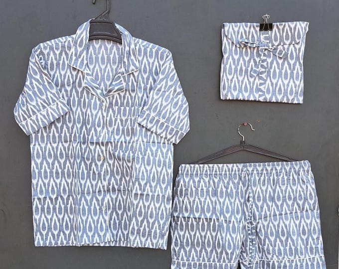 Short pajama · Pure cotton block print handmade and handprinted in India · Night shirt 100% cotton short pant sleeves· Boho bed Pj ·