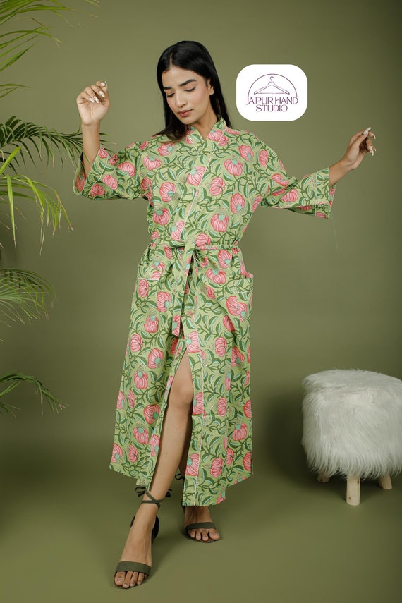 Beautiful pink rose print bath robe| Handmade cotton spa kimono | women wear printed robes | Boho and Hippie bath robes | Gift for Christmas