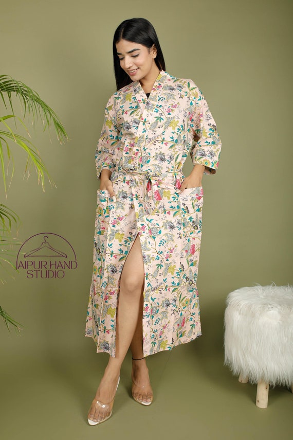 Beige color beach wear kimono | Handmade cotton wedding wear robes | Party wear printed gown | Bridesmaid robes | Gift for Christmas.