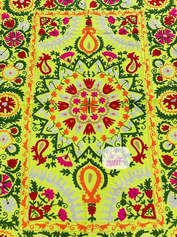 Green color suzani wall hanging throws | Handmade Niddle work Embroidery bedspread | Suzani bedcovers | Suzani tapestry | Gift for her.