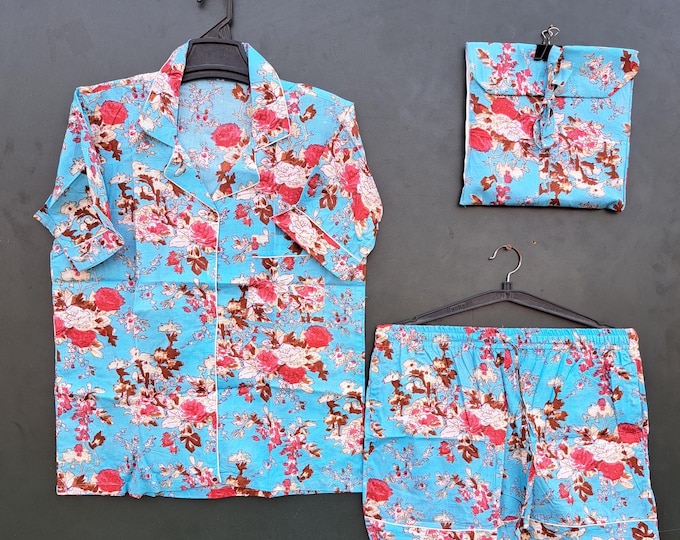 Blue color floral print fabric made night suit | women's sleep wear suit | luxury pjs | summer wear suit |pure natural soft cotton made |
