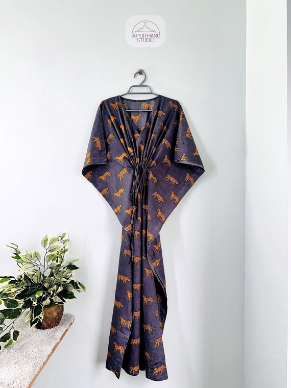 Tiger Print !! Indian Handmade Kaftan Dress Long Top Caftan, Dress Beach Cover up, Tiger Hand Block Print Sleepwear Maxi Dress Cotton Kaftan