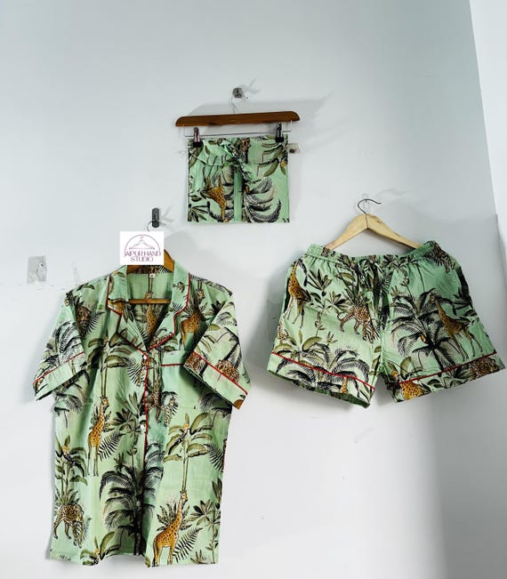 Beautiful jungle print short night suit | Hand block print half sleeve pajamas | Beach wear pajamas | Bridesmaid short pajama | Gift for her