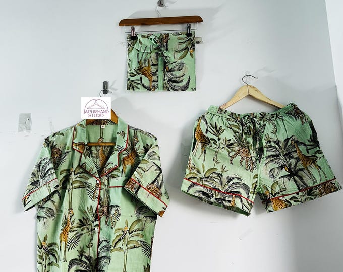 Beautiful jungle print short night suit | Hand block print half sleeve pajamas | Beach wear pajamas | Bridesmaid short pajama | Gift for her