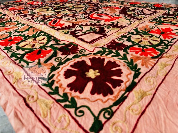 Beige color made suzani queen size bedspread | Handmade wall hanging throws | suzani bedsheet | Bridesmaid suzani blankets | Gift for her.