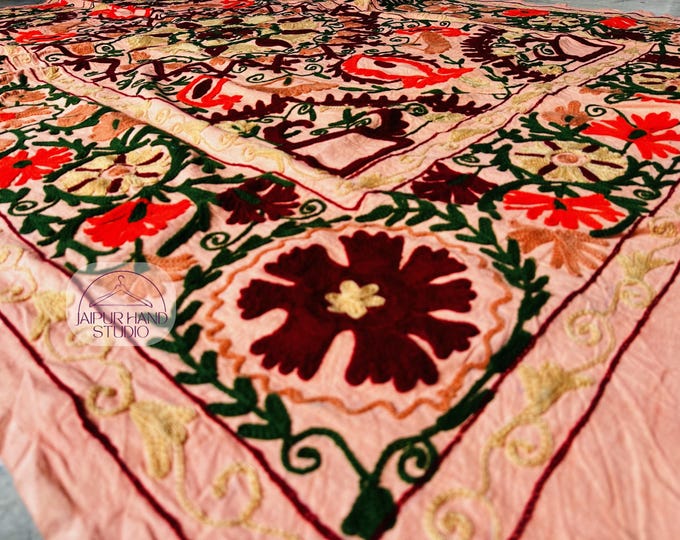 Beige color made suzani queen size bedspread | Handmade wall hanging throws | suzani bedsheet | Bridesmaid suzani blankets | Gift for her.