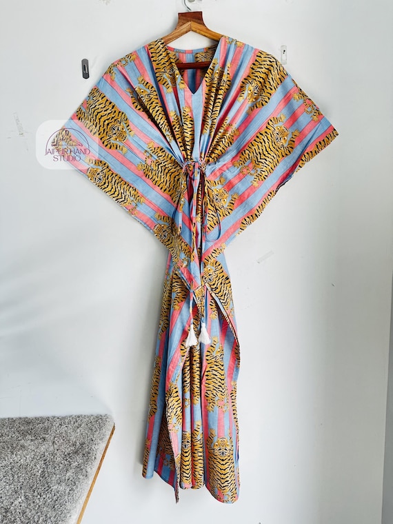 Tiger print beautiful combine color made kaftan | Hand block print kaftan | Women sleeve less maxi | Bridesmaid kaftan | Gift for her.