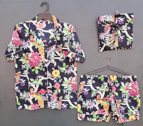 Indian Cotton Block Print Pajama, Night Wear Bridesmaid Pajama Set, Women Night Wear Set Cotton Short Pant And Shirt Set