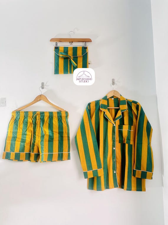 Yellow and green color cotton shorts and shirt | Home wear short night suit | Long sleeve Pj set | Bridesmaid pajamas | Gift for Christmas.