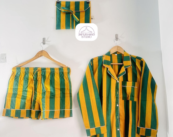 Yellow and green color cotton shorts and shirt | Home wear short night suit | Long sleeve Pj set | Bridesmaid pajamas | Gift for Christmas.