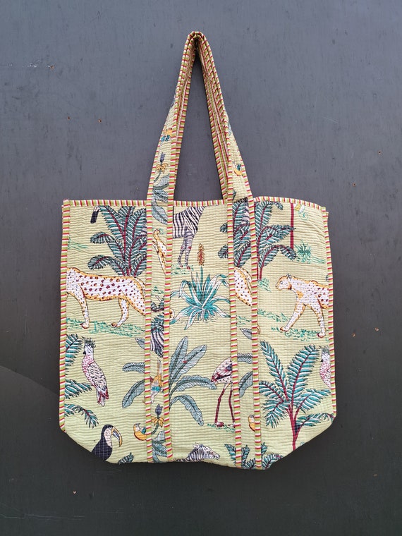 Summer Sale !! Indian Block Printed Hand Work Cotton Quilted Tote Bag, Women Shoulder Bags, Beach Wear Picnic Bags, Storage Bag, Travel Bag