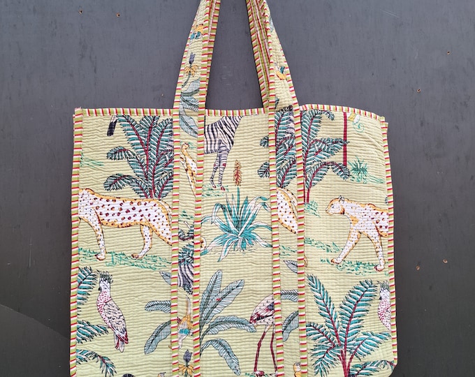 Summer Sale !! Indian Block Printed Hand Work Cotton Quilted Tote Bag, Women Shoulder Bags, Beach Wear Picnic Bags, Storage Bag, Travel Bag