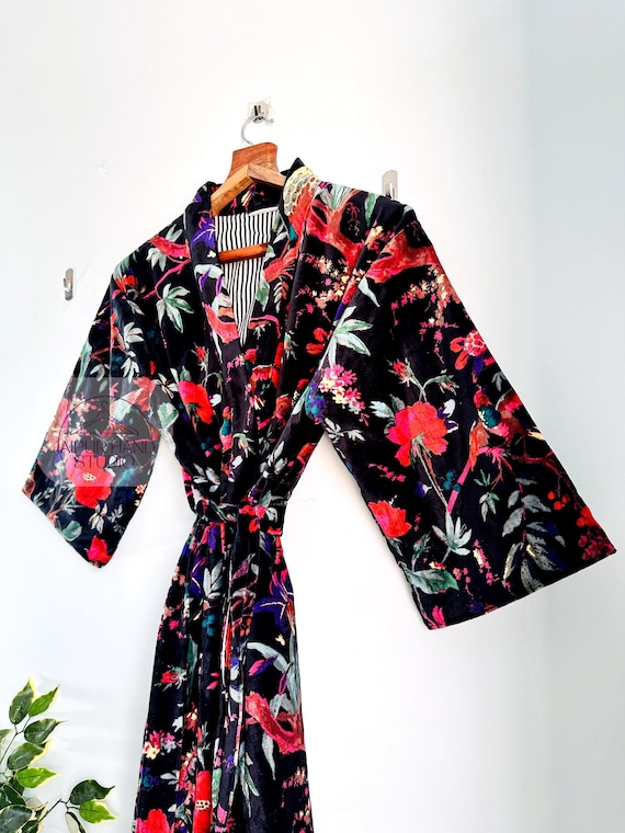 black&red color 100% Cotton Indian Beach Kimono Robe ,Kimono Robe,Cotton Robe,Shower Robe, Maternity Robe Bath robe Dressing Gown Beachwear.