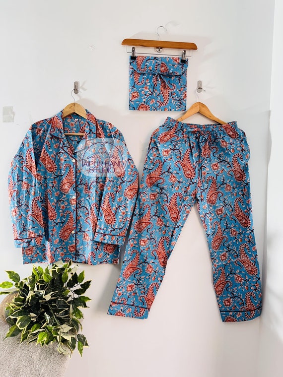 Handmade cotton Pj set | 100 % cotton made pajamas | Beautiful color pajamas | Long sleeve Pj suit | Handmade stitched suit | Gift for her.