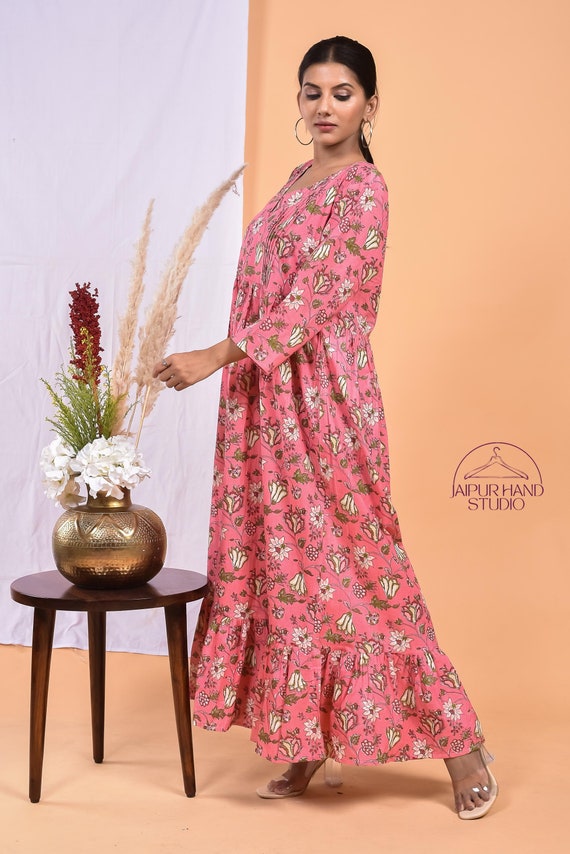Floral block print midi dress | Scoop neckline dresses | Summer wear midi | Long sleeve party dress | Bridesmaid dress | Gift for Christmas.