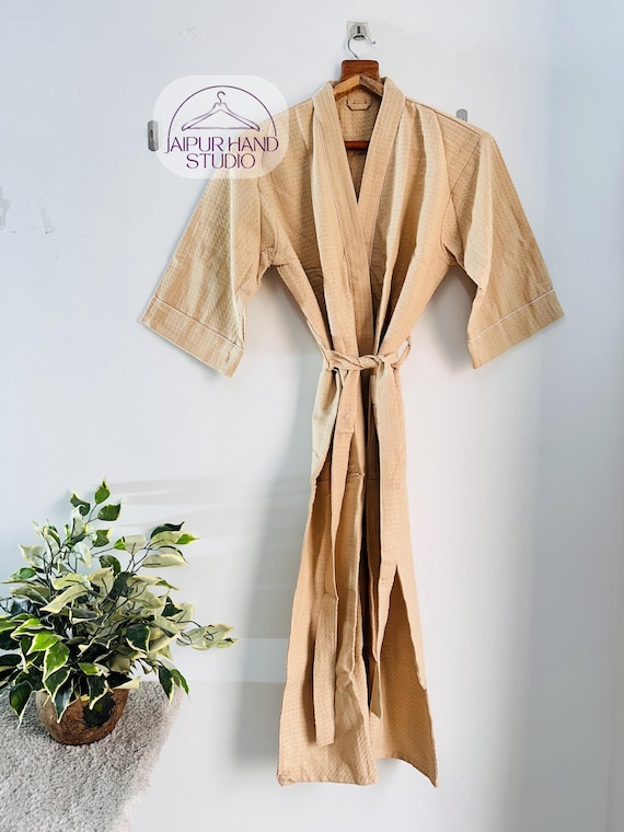 Luxurious Waffle Weave Bathrobe, Natural Cotton Thick Robe, Elegant Pockets Dressing Gown, Soft Unisex Evening Gown, Ideal Bridesmaid Gift