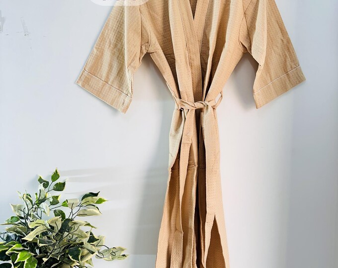 Luxurious Waffle Weave Bathrobe, Natural Cotton Thick Robe, Elegant Pockets Dressing Gown, Soft Unisex Evening Gown, Ideal Bridesmaid Gift