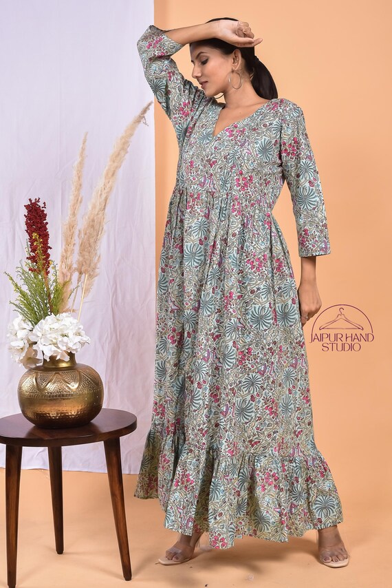 Light weight cotton midi dress| Deep v neckline long midi dress | Long sleeve gown| Women wear dress | Bridesmaid dress | Gift for Christmas