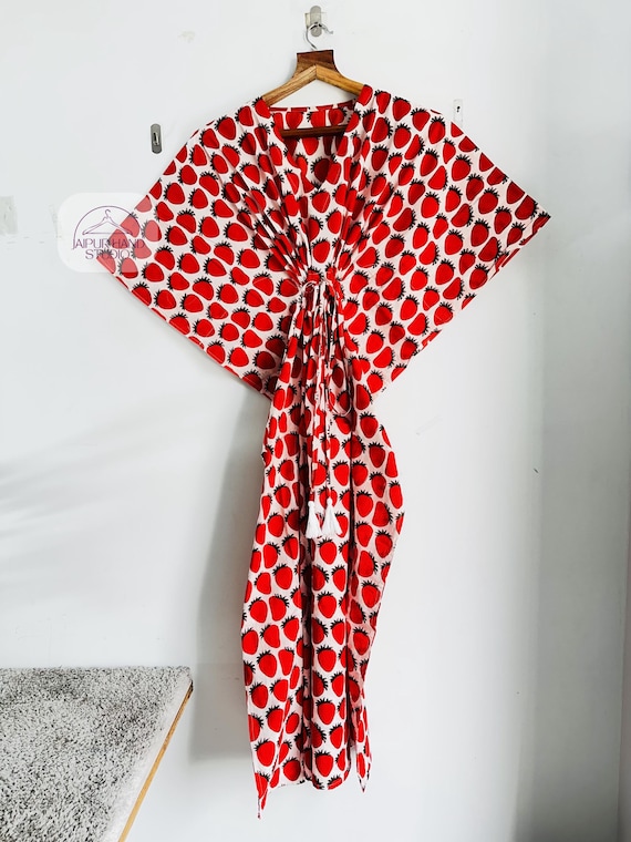 strawberry print cotton adjustable kaftan | Handmade pregnant ladies wear gown | Sleeve less maxi | Bridesmaid kaftan | Gift for her.