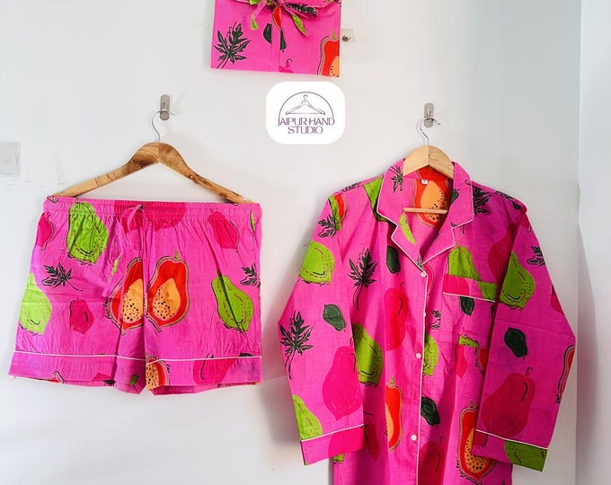 Pink color fruit print shorts and shirt | Women wear night suit | Handmade sleepwear suit | Bridesmaid pajamas | Gift for Christmas.