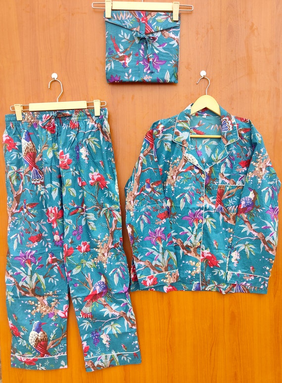 Pyjama Set - Women Cotton Pajama - Loungewear - Hand Block Print - Pj sets - Gifts for Her Night Suit with Bag Blue Color Pajama with Shirts