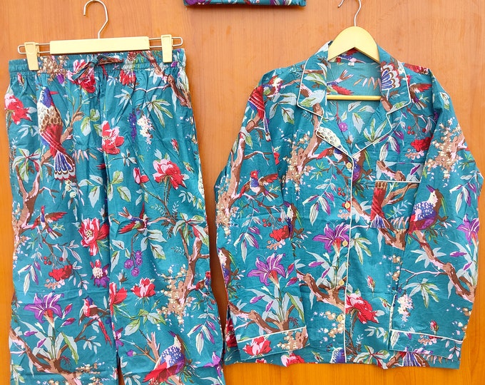 Pyjama Set - Women Cotton Pajama - Loungewear - Hand Block Print - Pj sets - Gifts for Her Night Suit with Bag Blue Color Pajama with Shirts