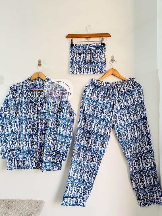 white and blue color Pj set | Hand block print pajamas | women night suit | Beach wear pajamas | Long sleeve Pj set | Gift for Christmas.