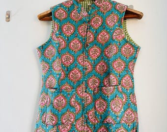 Green color floral print beautiful women vest | Quilted cotton made vest | wedding wear vest | Sleeve less jacket | Gift for Christmas.