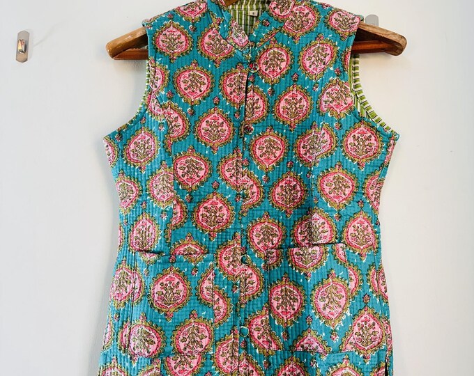 Green color floral print beautiful women vest | Quilted cotton made vest | wedding wear vest | Sleeve less jacket | Gift for Christmas.